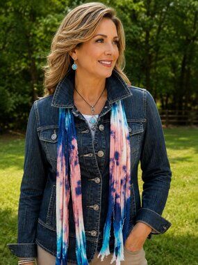 Royal Blue Salmon Turquoise Tiedye Flutter Scarf Lightweight Women Accessory